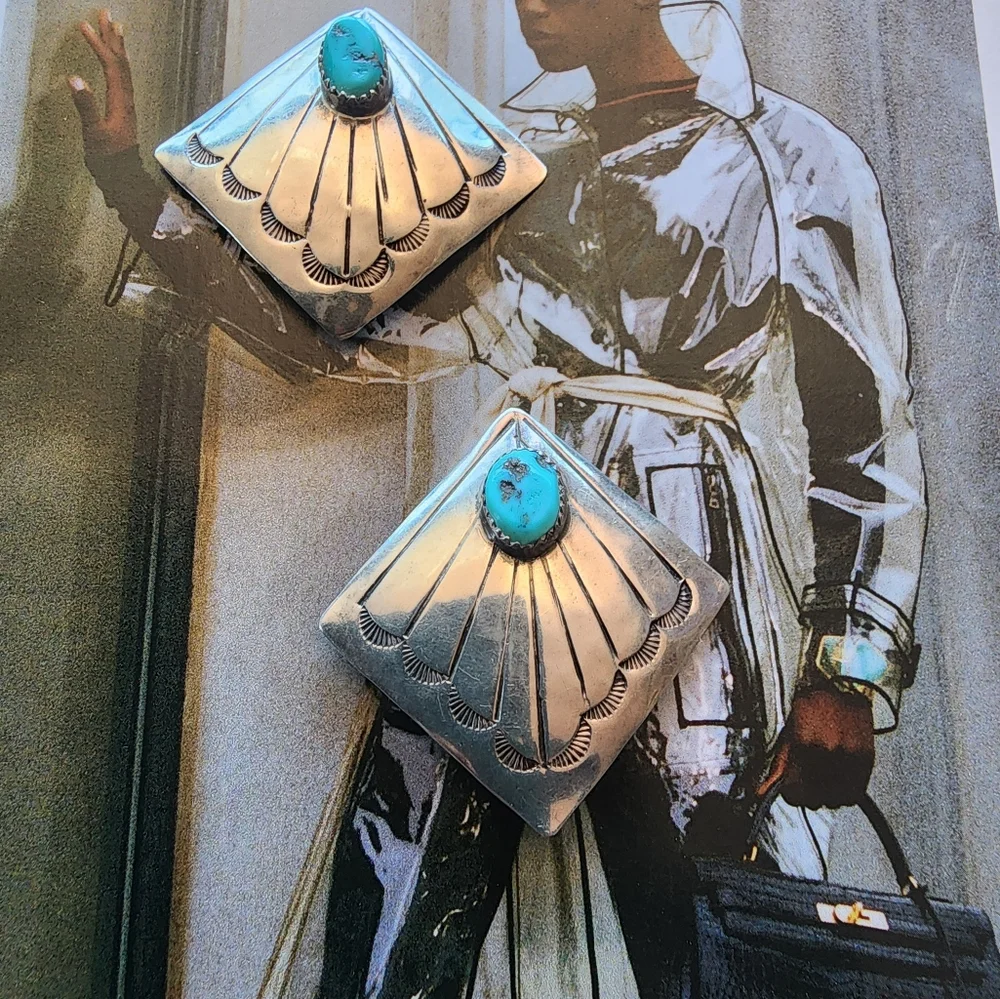 Sterling Silver and Turquoise ( Native Made & Signed) Clip On's - Picture 6 of 7